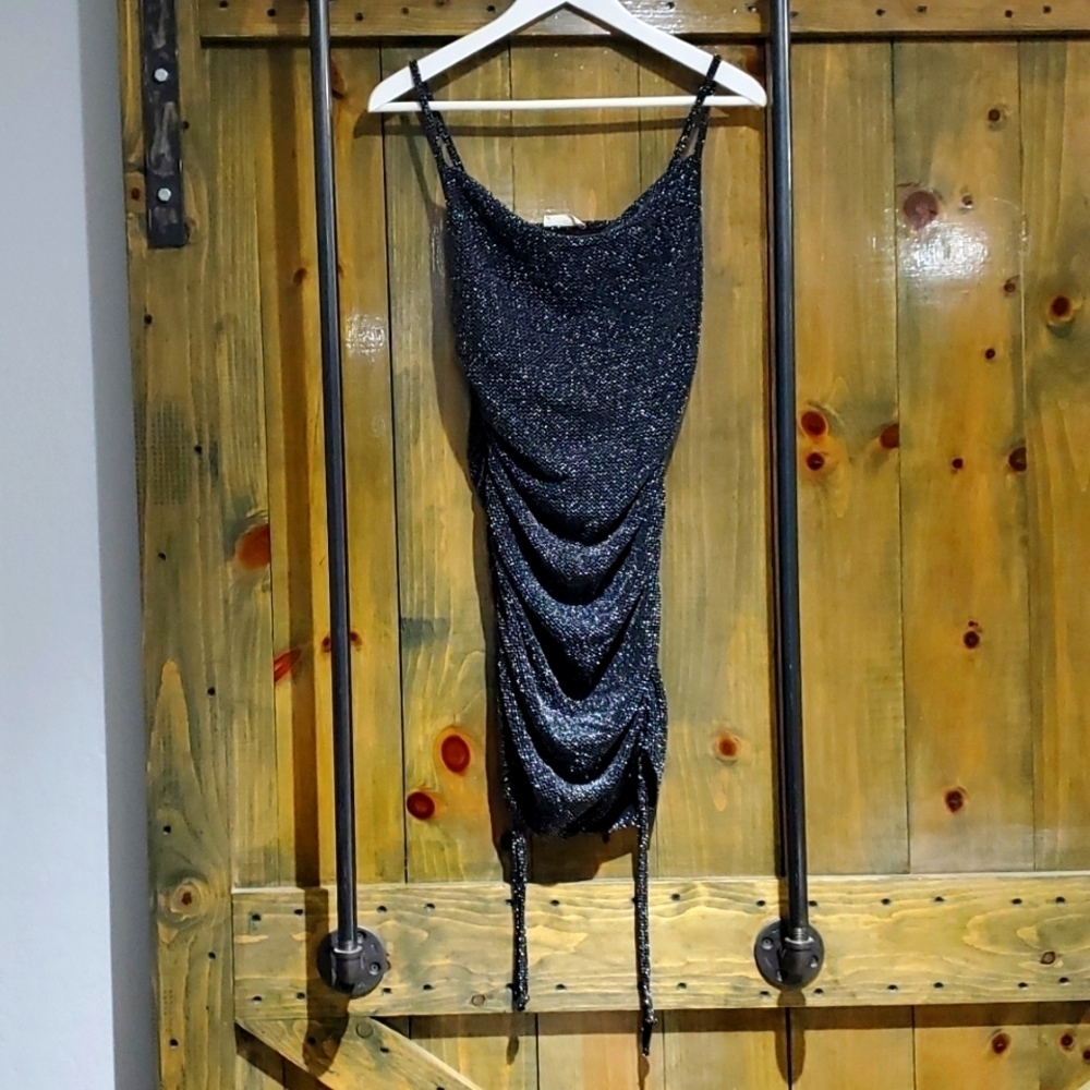BLACK SHIMMER DRESS MINI EVENING STRETCH BODYCON COWL NECK RAVE CLUBWEAR MOB
